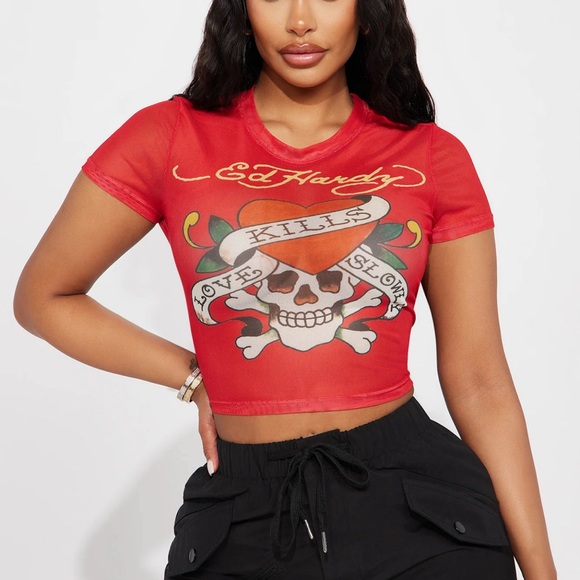 •Love Kills• Red Mesh LKS Graphic Baby Tee - Picture 1 of 3